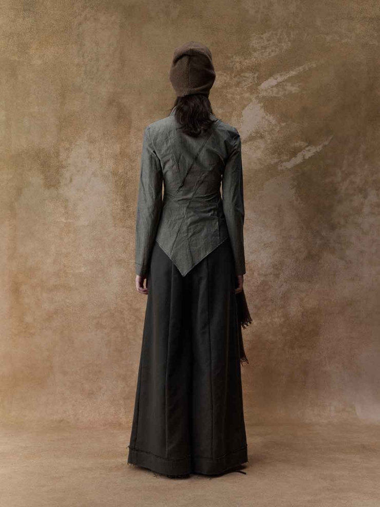 Grey Structured Pleated Wide-Leg Pants