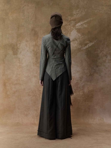 Grey Structured Pleated Wide-Leg Pants