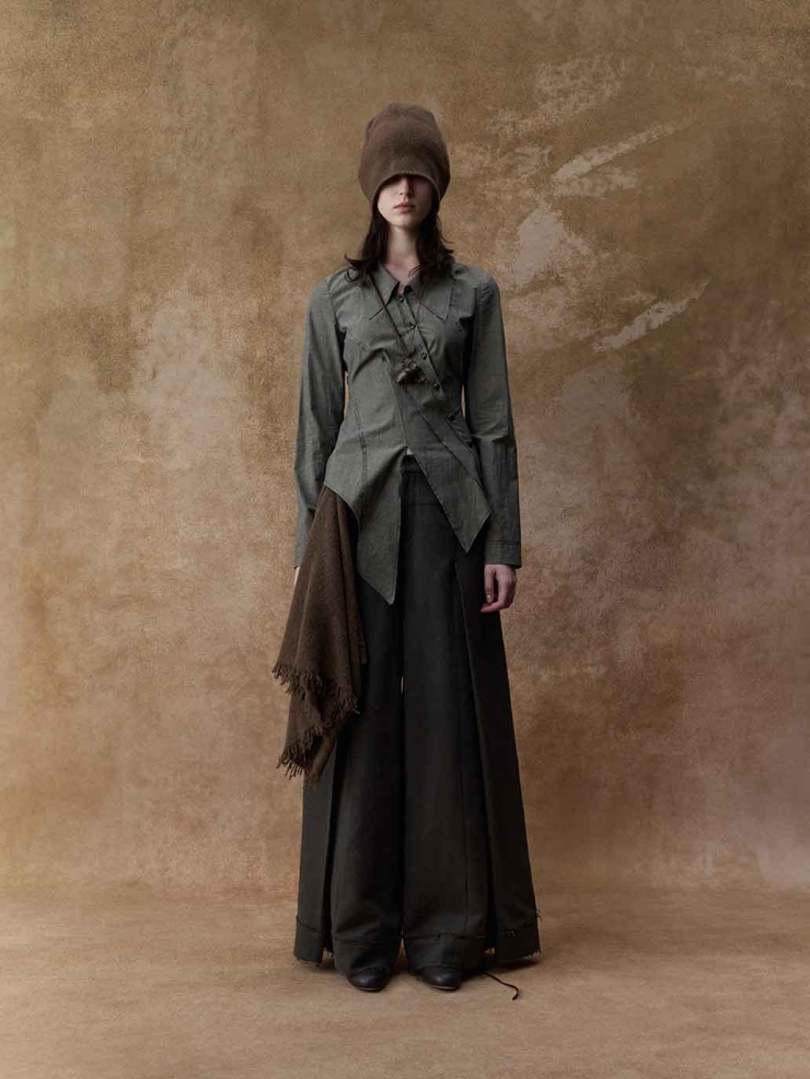 Grey Structured Pleated Wide-Leg Pants