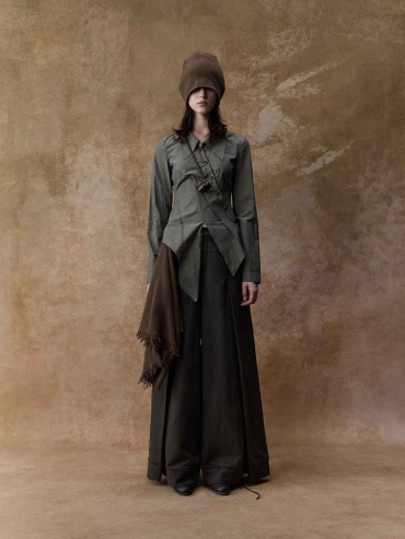 Grey Structured Pleated Wide-Leg Pants