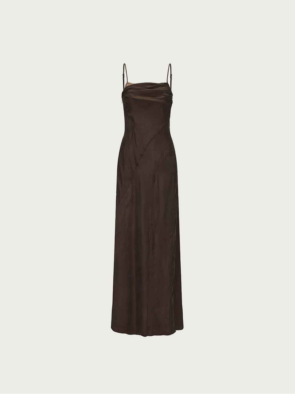 Dark Brown Draped Cowl Neck Slip Dress