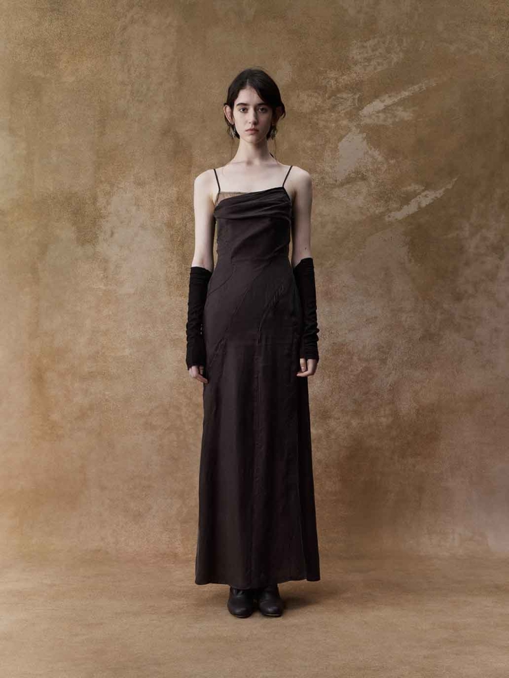 Dark Brown Draped Cowl Neck Slip Dress