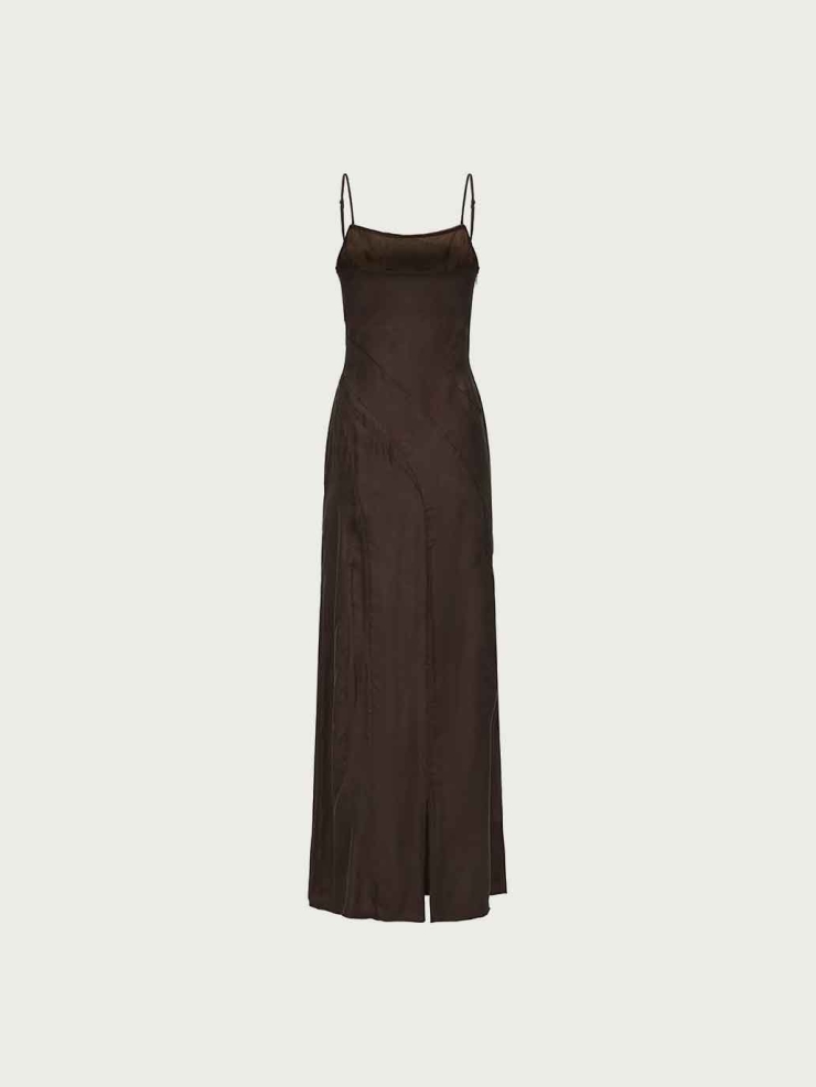 Dark Brown Draped Cowl Neck Slip Dress