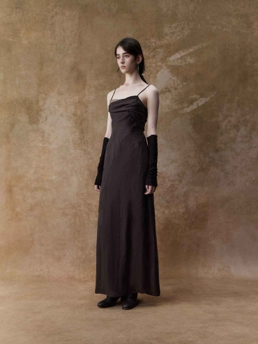 Dark Brown Draped Cowl Neck Slip Dress