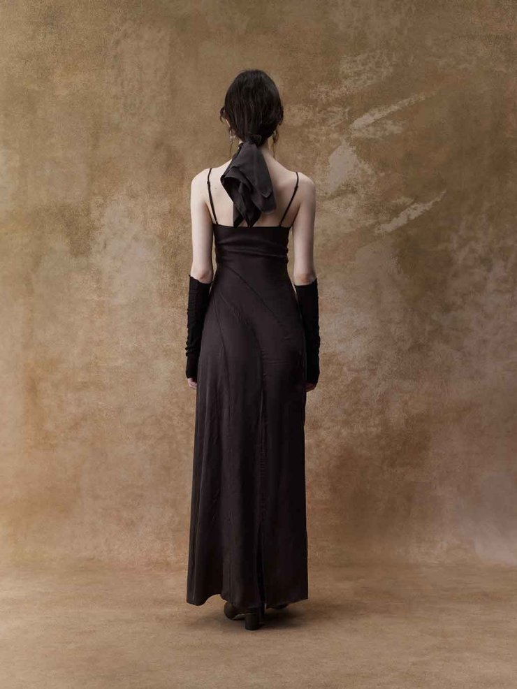 Dark Brown Draped Cowl Neck Slip Dress