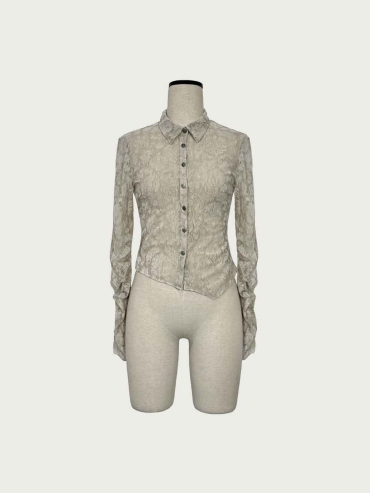 Grey Velvet-Lace Flocked Fitted Shirt