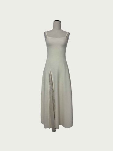Grey Wool-Panel Lace Fitted Dress