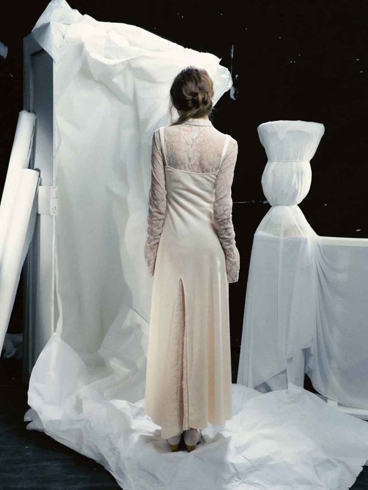 Grey Wool-Panel Lace Fitted Dress