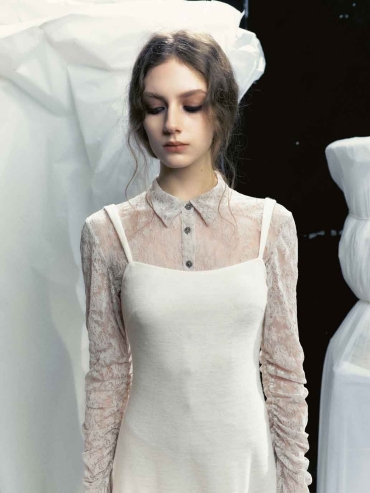 Grey Wool-Panel Lace Fitted Dress