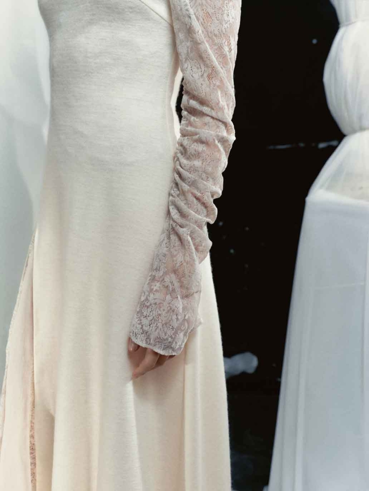 Grey Wool-Panel Lace Fitted Dress