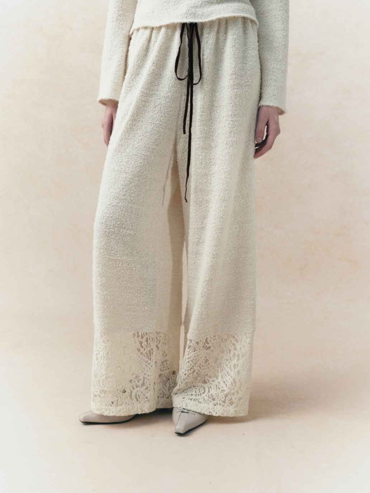 Grey Lace-Panel Plush Casual Pants