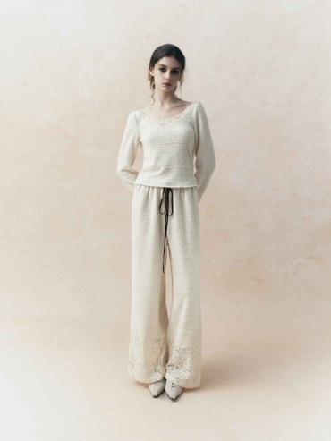 Grey Lace-Panel Plush Casual Pants