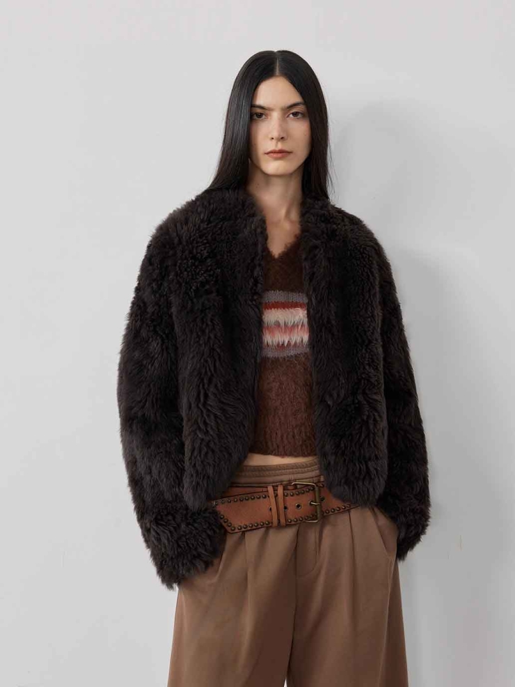Brown Toscana Shearling Stand-Collar Short Jacket
