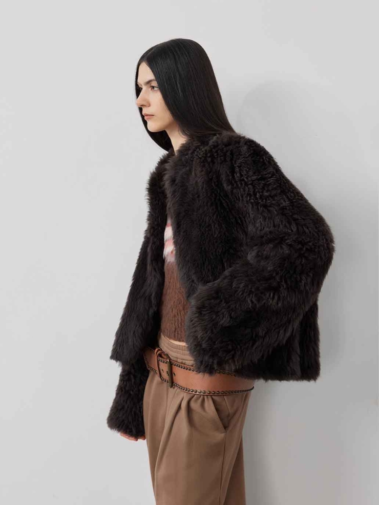 Brown Toscana Shearling Stand-Collar Short Jacket