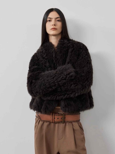 Brown Toscana Shearling Stand-Collar Short Jacket