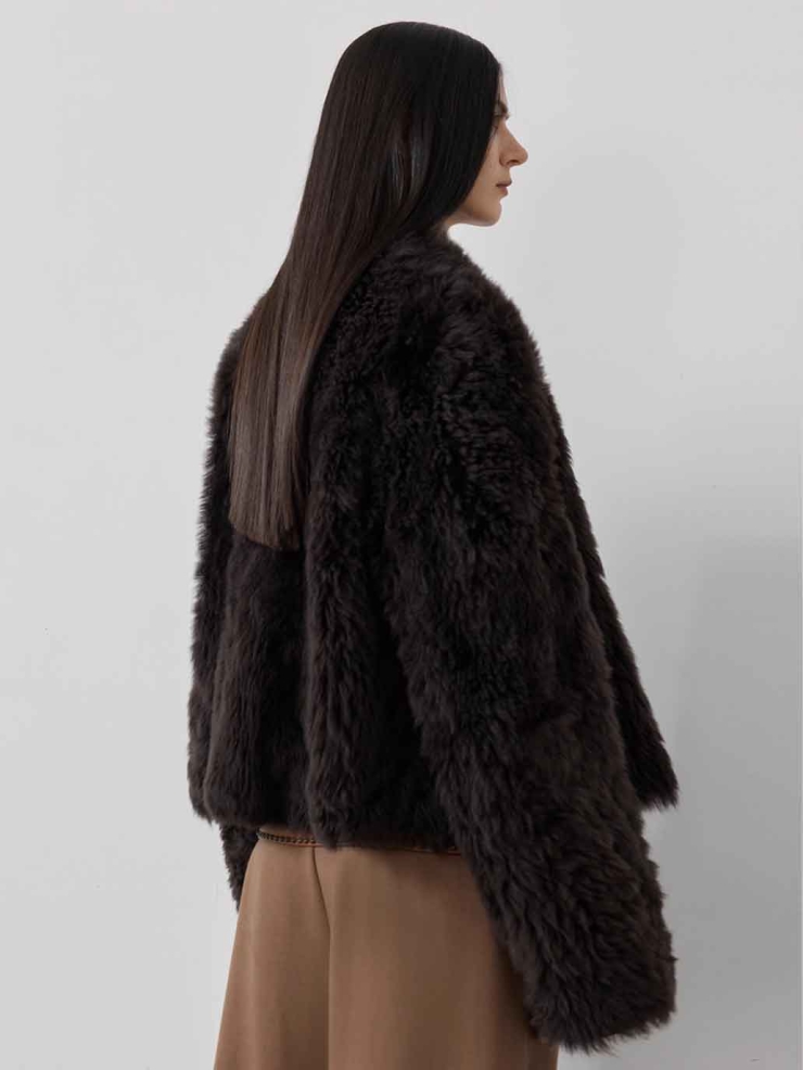 Brown Toscana Shearling Stand-Collar Short Jacket