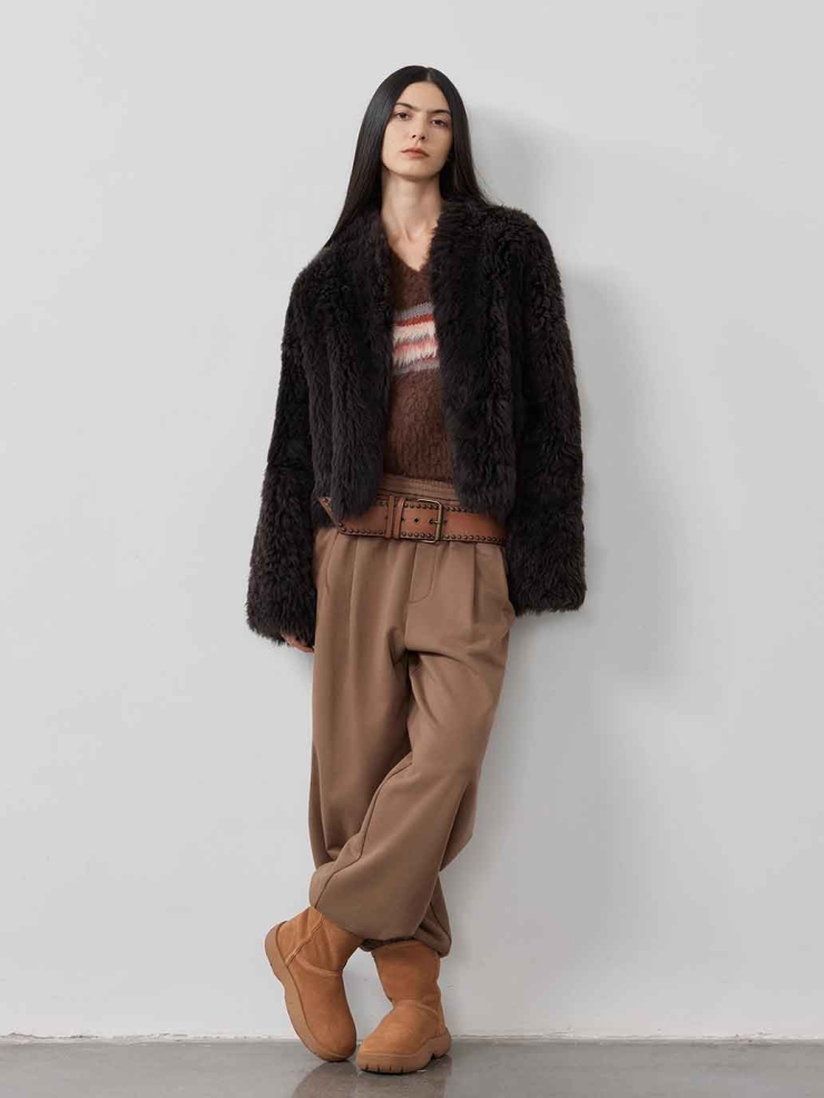 Brown Toscana Shearling Stand-Collar Short Jacket