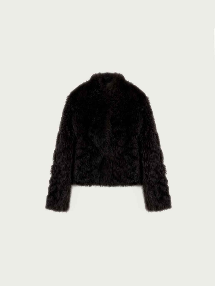 Black Toscana Shearling Stand-Collar Short Jacket