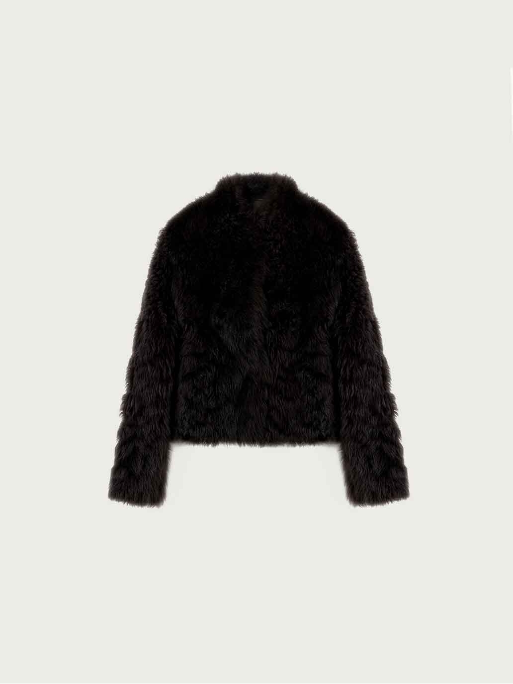 Black Toscana Shearling Stand-Collar Short Jacket