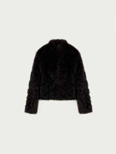 Black Toscana Shearling Stand-Collar Short Jacket