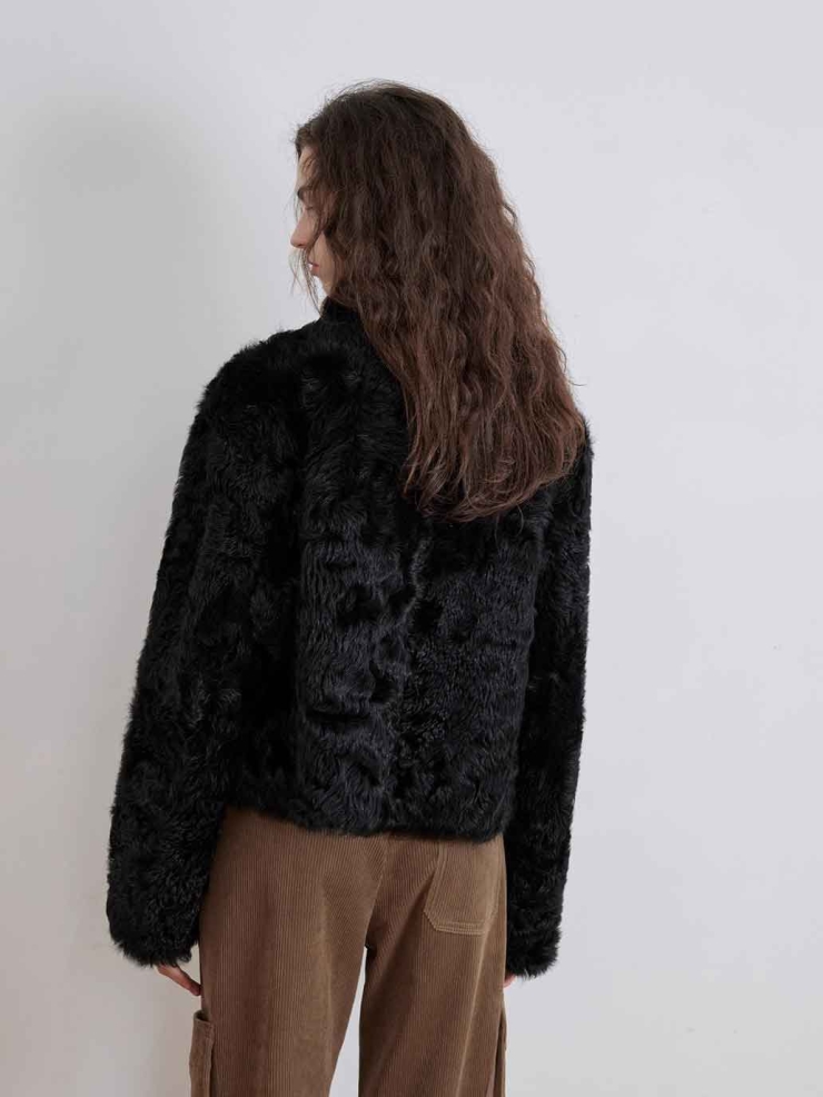 Black Toscana Shearling Stand-Collar Short Jacket