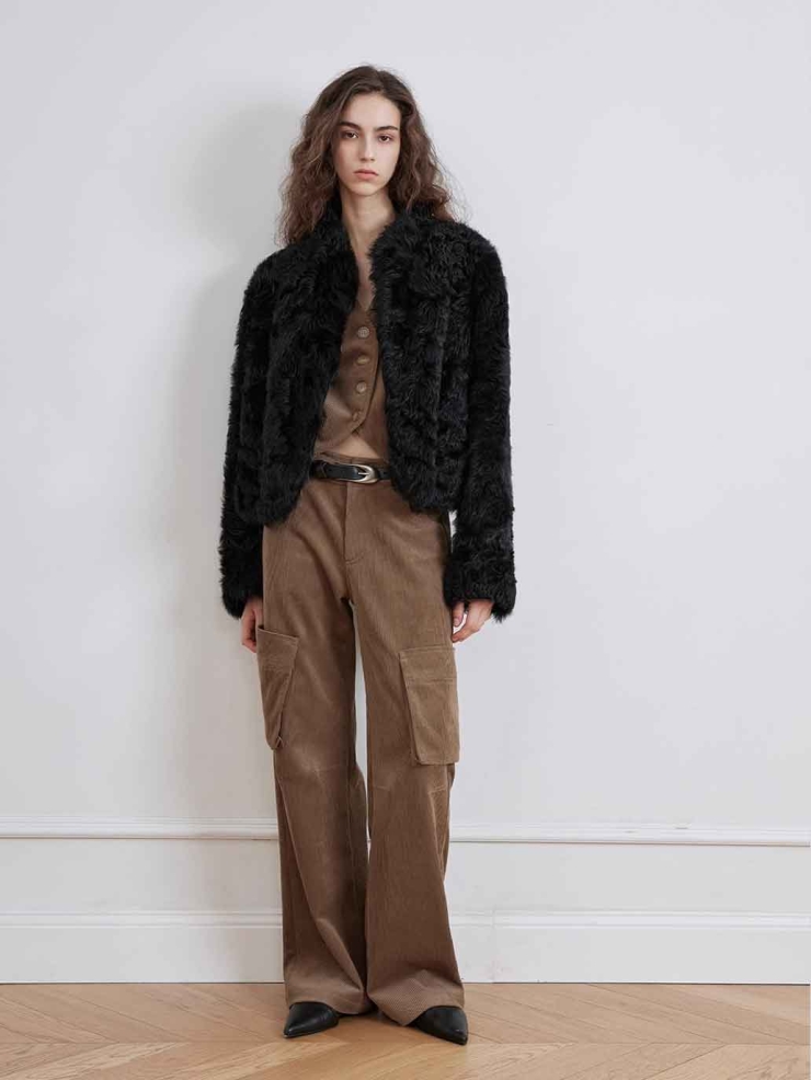 Black Toscana Shearling Stand-Collar Short Jacket