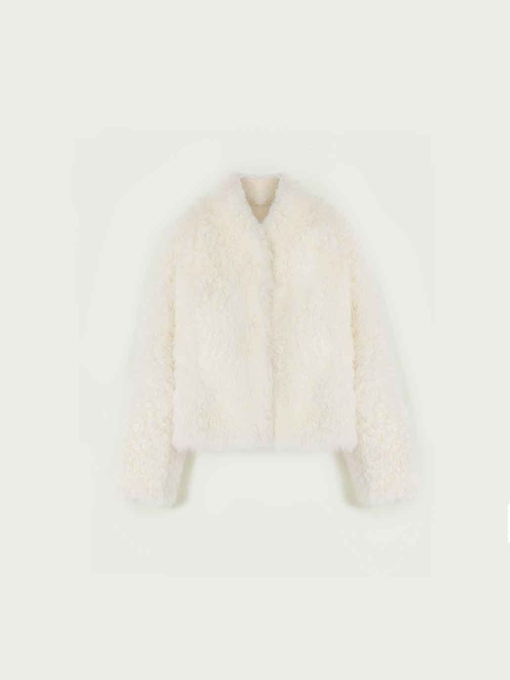 White Toscana Shearling Stand-Collar Short Jacket