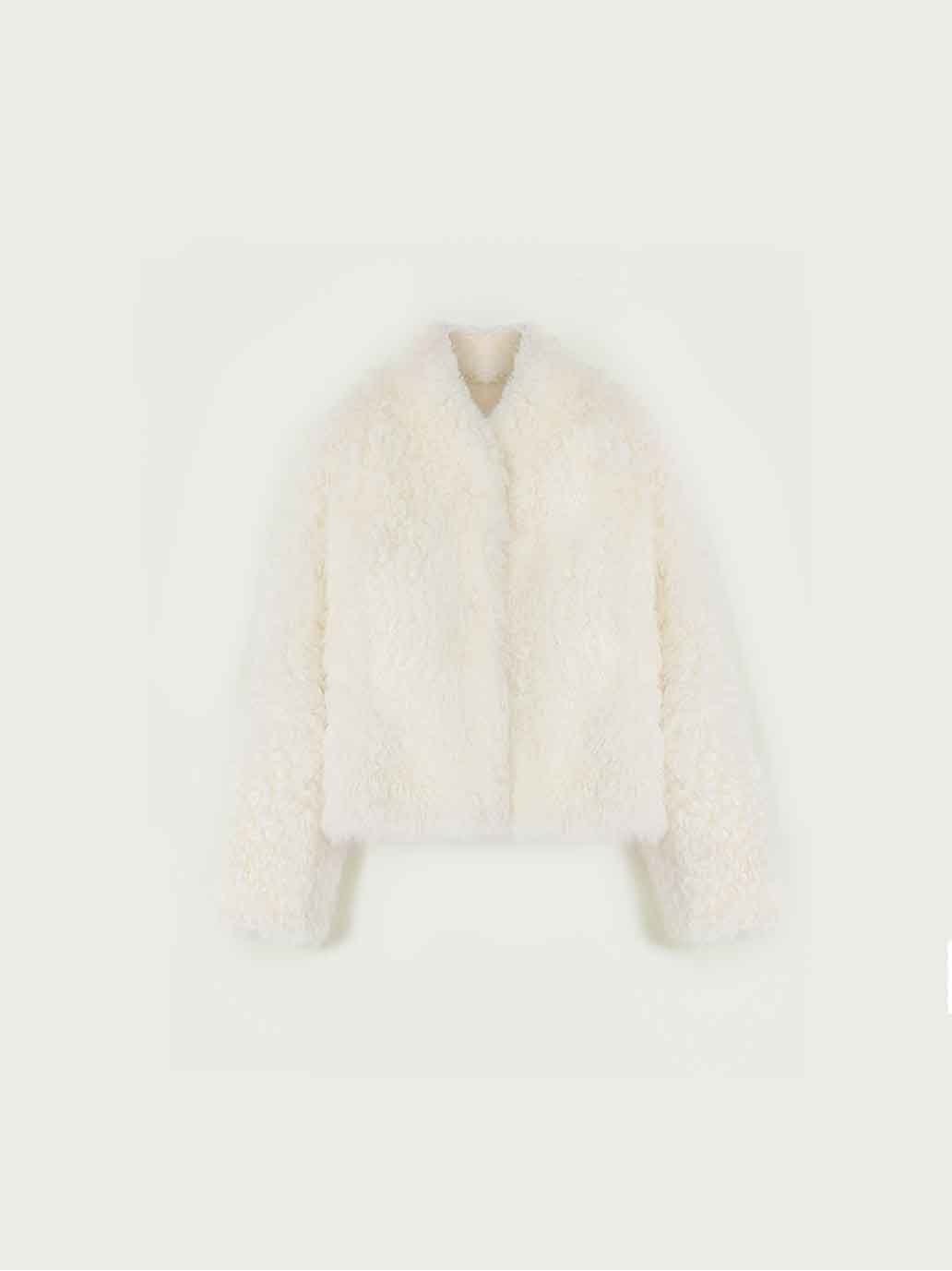 White Toscana Shearling Stand-Collar Short Jacket