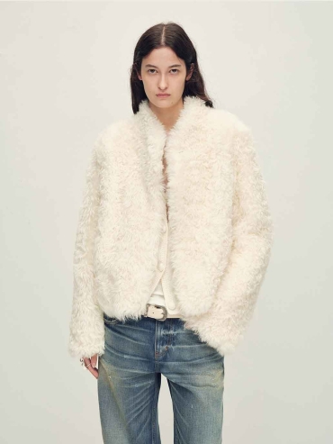 White Toscana Shearling Stand-Collar Short Jacket
