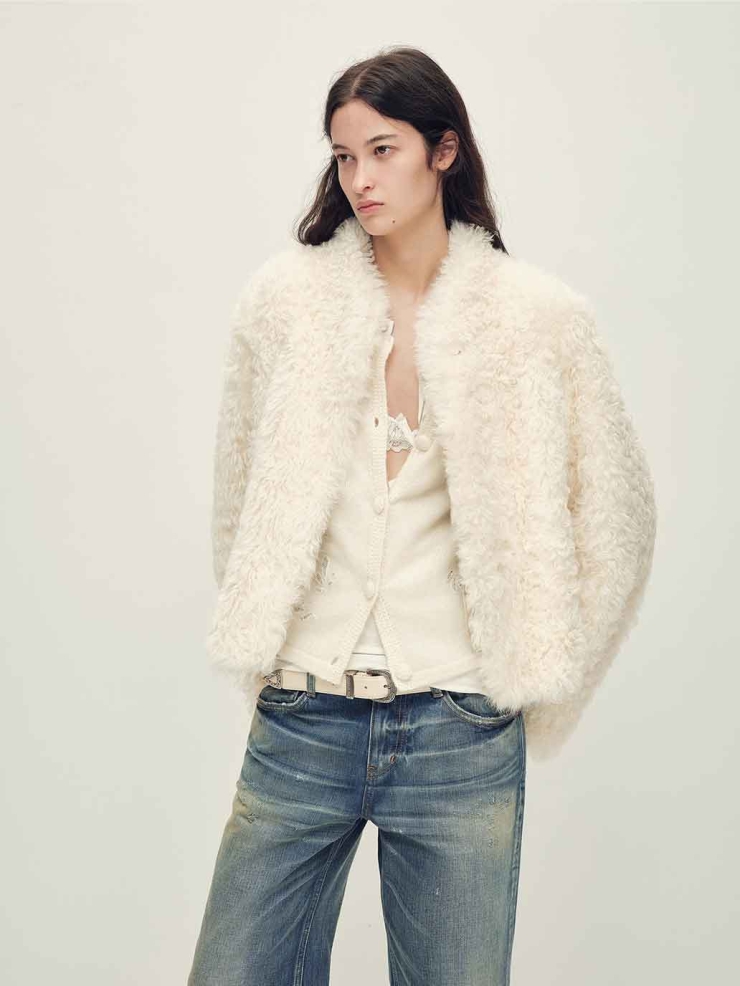 White Toscana Shearling Stand-Collar Short Jacket