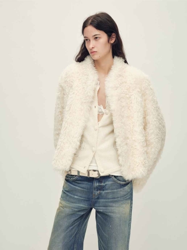 White Toscana Shearling Stand-Collar Short Jacket