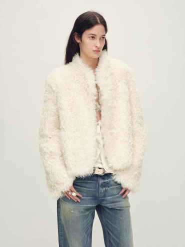 White Toscana Shearling Stand-Collar Short Jacket