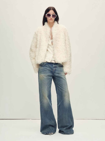 White Toscana Shearling Stand-Collar Short Jacket