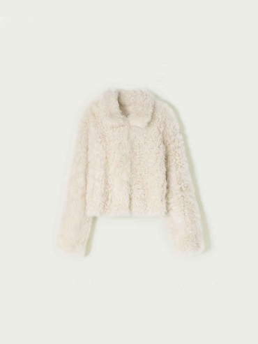 White Toscana Shearling Boxy Short Jacket