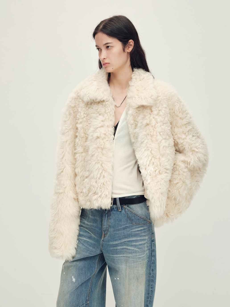 White Toscana Shearling Boxy Short Jacket