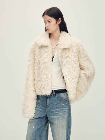 White Toscana Shearling Boxy Short Jacket
