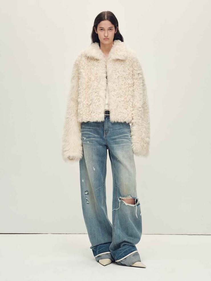 White Toscana Shearling Boxy Short Jacket