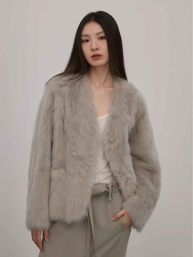 Grey Toscana Shearling V-Neck Straight-Cut Coat