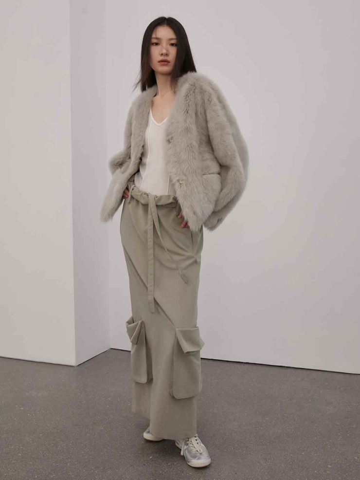 Grey Toscana Shearling V-Neck Straight-Cut Coat