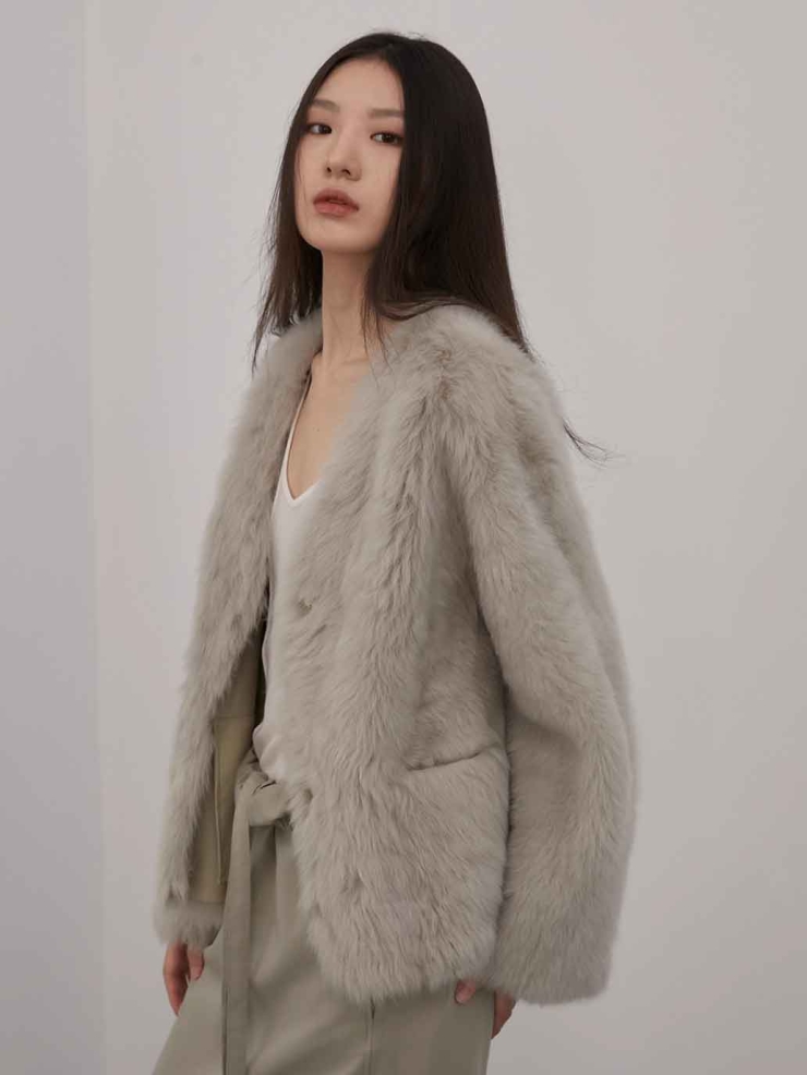 Grey Toscana Shearling V-Neck Straight-Cut Coat