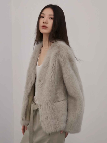 Grey Toscana Shearling V-Neck Straight-Cut Coat