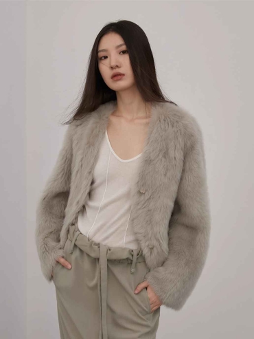 Grey Toscana Shearling V-Neck Straight-Cut Coat