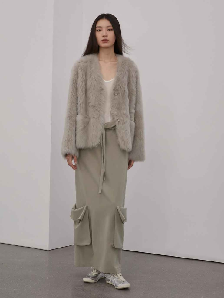 Grey Toscana Shearling V-Neck Straight-Cut Coat