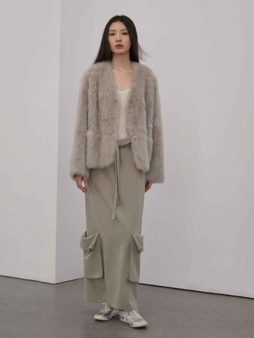 Grey Toscana Shearling V-Neck Straight-Cut Coat
