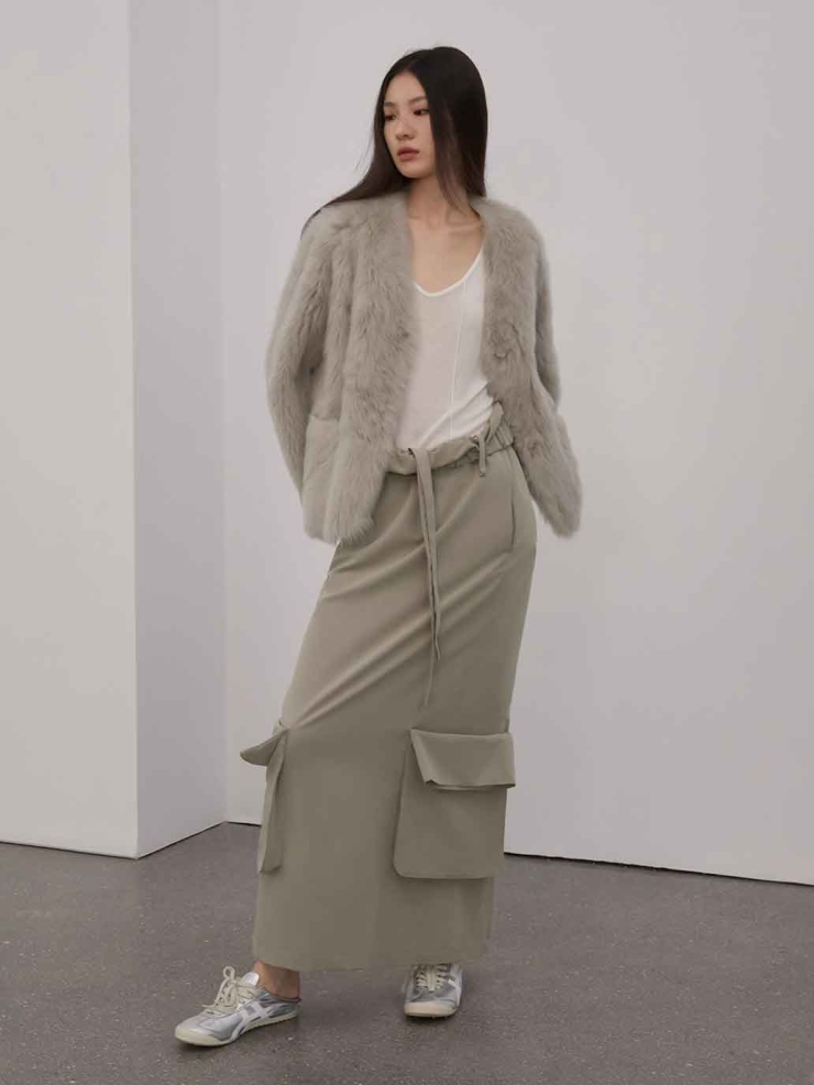 Grey Toscana Shearling V-Neck Straight-Cut Coat