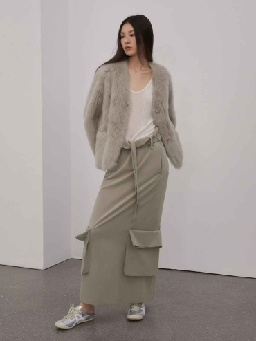 Grey Toscana Shearling V-Neck Straight-Cut Coat