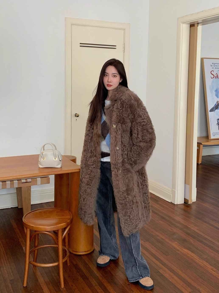 Brown Toscana Shearling Extra-Long Lapel Coat