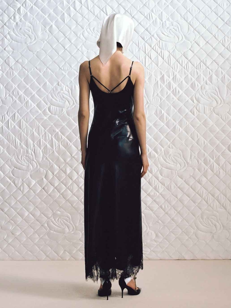 Black Satin Paneled Lace Decorative Dress