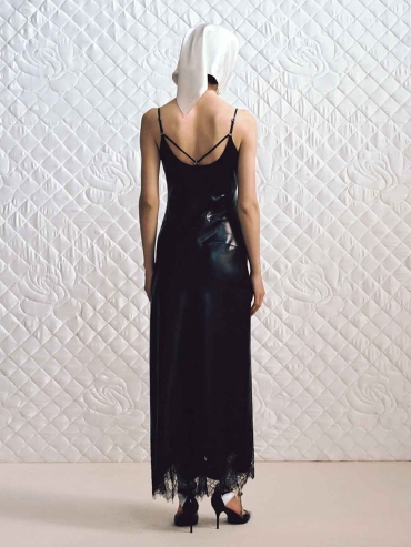 Black Satin Paneled Lace Decorative Dress