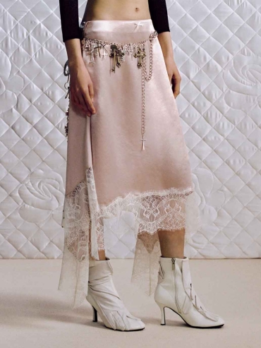 Pink&Polka Dot Paneled Lace Decorative Skirt